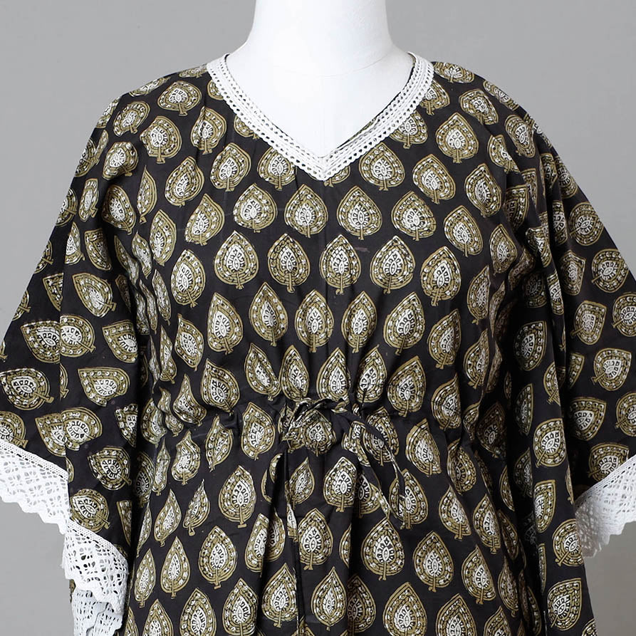 Black - Bagru Block Printed Cotton Kaftan with Tie-Up Waist (Medium)