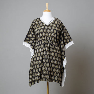 Black - Bagru Block Printed Cotton Kaftan with Tie-Up Waist (Medium)