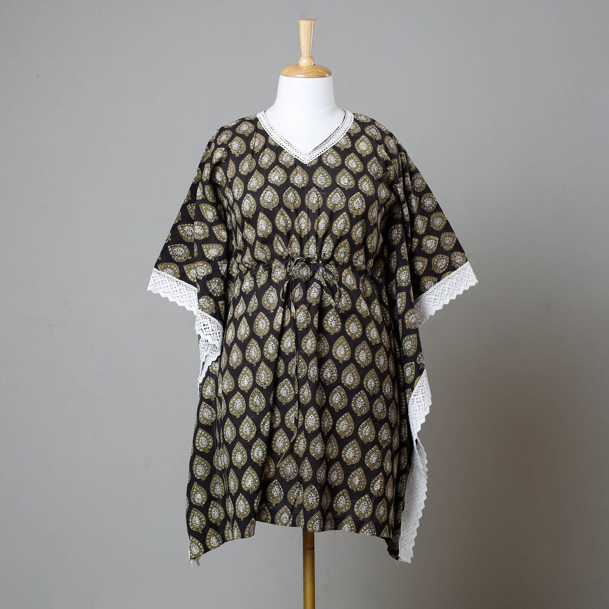 Black - Bagru Block Printed Cotton Kaftan with Tie-Up Waist (Medium)