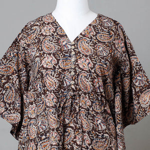 Brown - Block Print Cotton Kalamkari Kaftan with Tie-Up Waist (Medium)