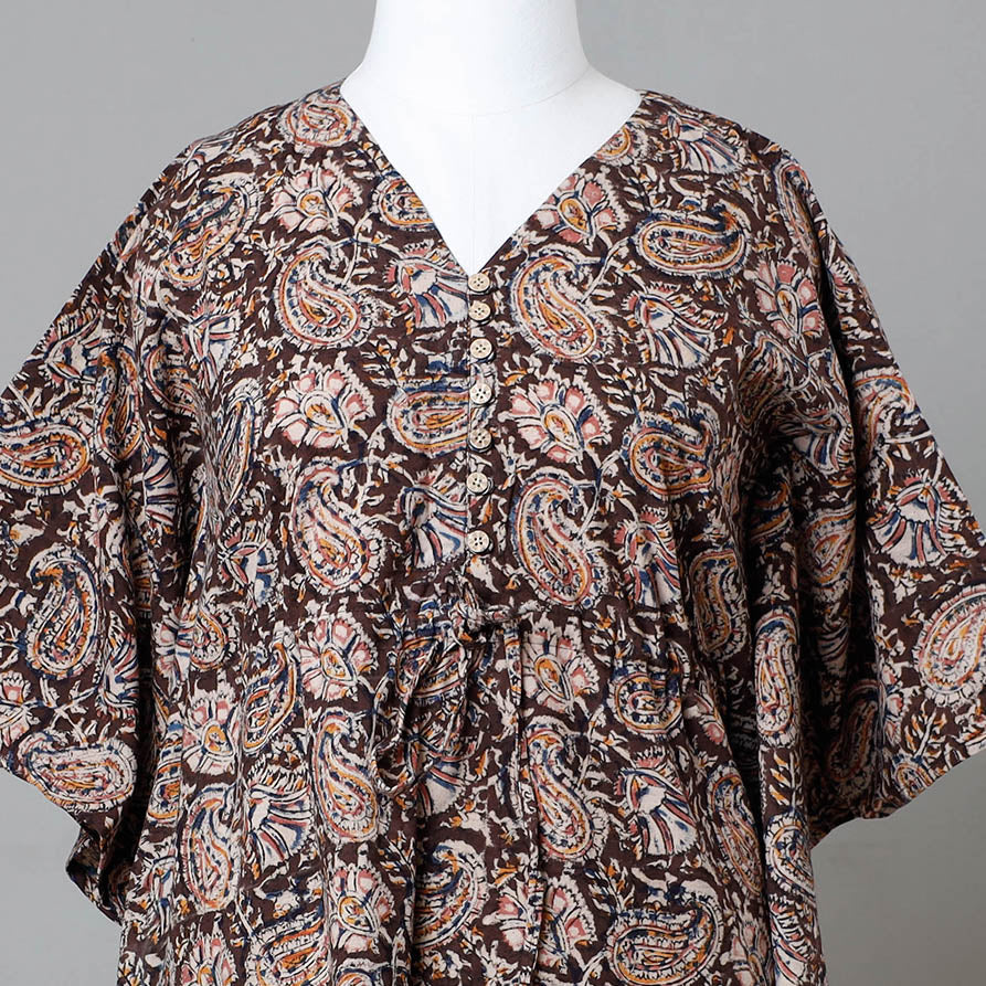 Brown - Block Print Cotton Kalamkari Kaftan with Tie-Up Waist (Medium)
