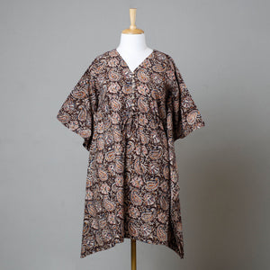 Brown - Block Print Cotton Kalamkari Kaftan with Tie-Up Waist (Medium)