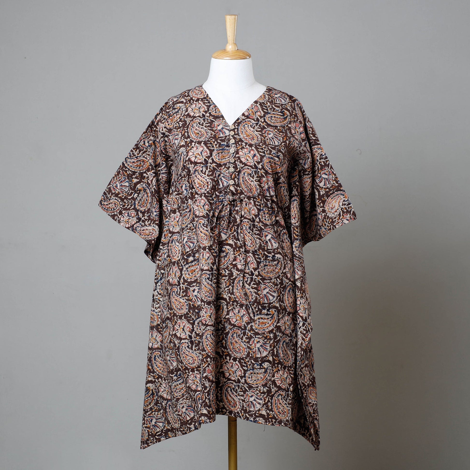 Brown - Block Print Cotton Kalamkari Kaftan with Tie-Up Waist (Medium)