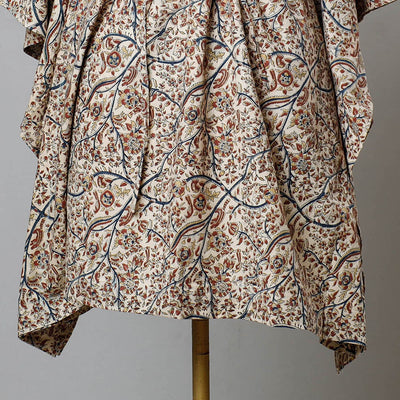 Beige - Block Print Cotton Kalamkari Kaftan with Tie-Up Waist (Medium)