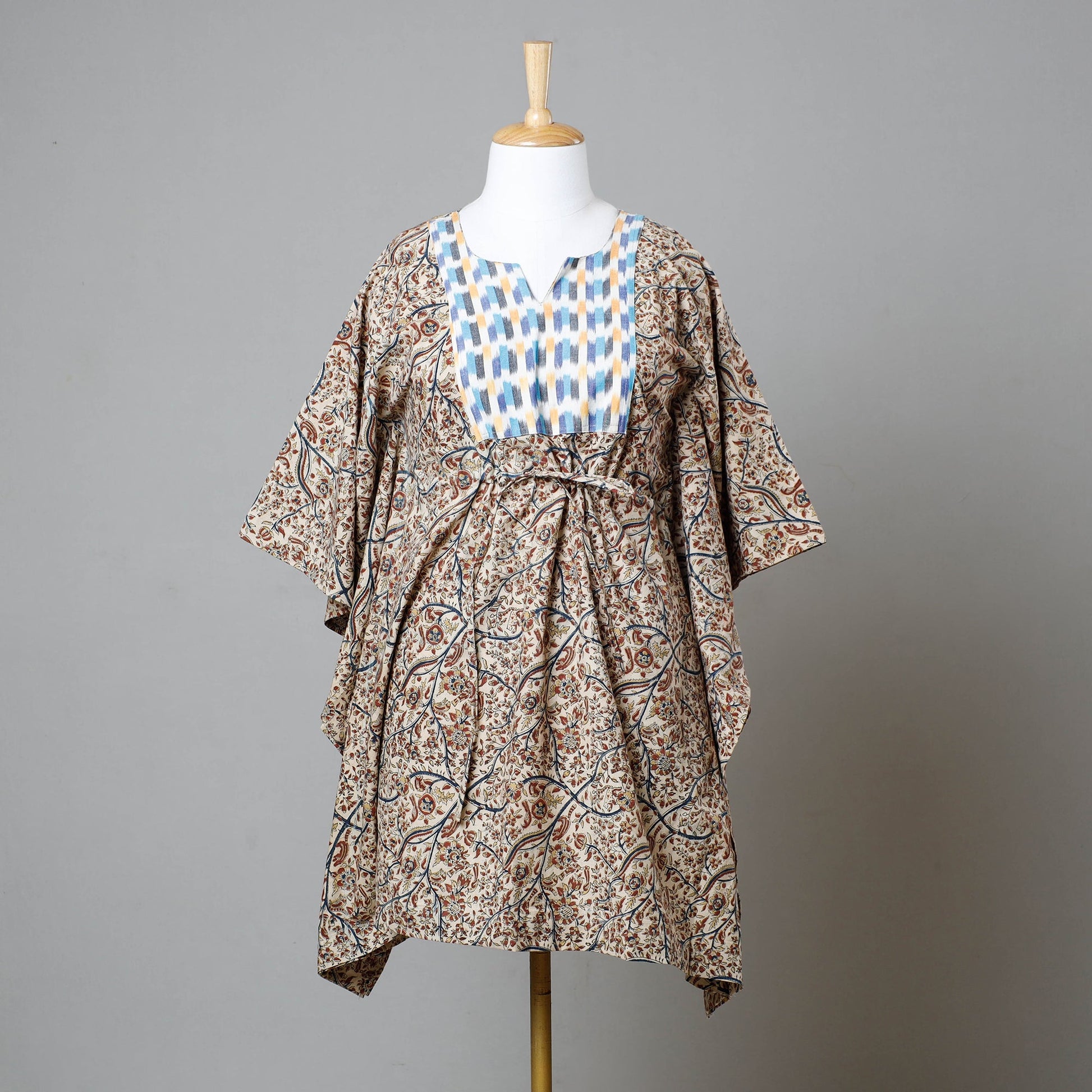 Beige - Block Print Cotton Kalamkari Kaftan with Tie-Up Waist (Medium)