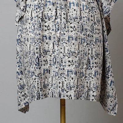 Beige - Block Print Cotton Kalamkari Kaftan with Tie-Up Waist (Medium)