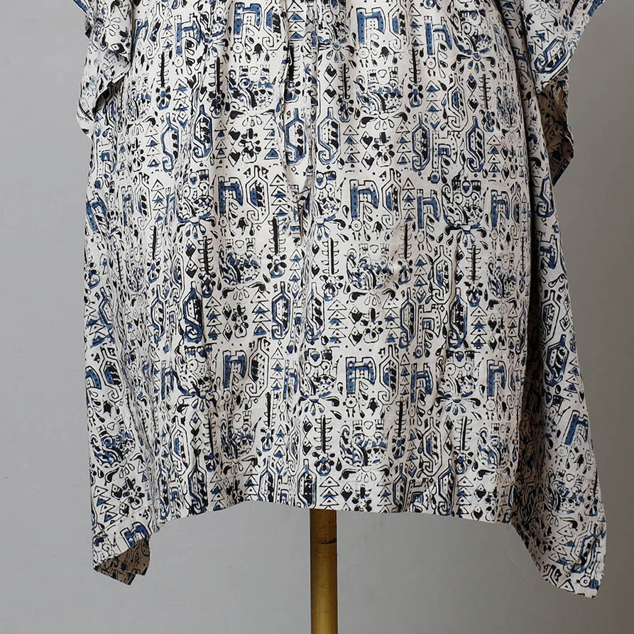 Beige - Block Print Cotton Kalamkari Kaftan with Tie-Up Waist (Medium)