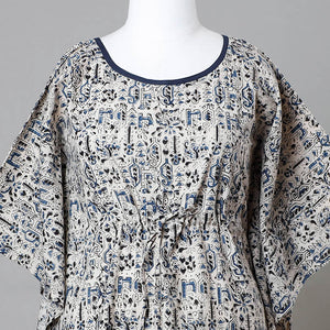 Beige - Block Print Cotton Kalamkari Kaftan with Tie-Up Waist (Medium)