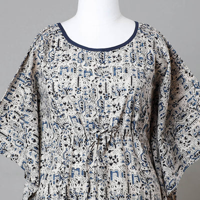 Beige - Block Print Cotton Kalamkari Kaftan with Tie-Up Waist (Medium)