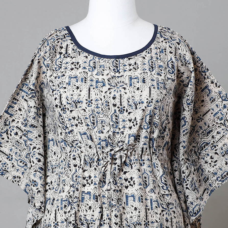 Beige - Block Print Cotton Kalamkari Kaftan with Tie-Up Waist (Medium)