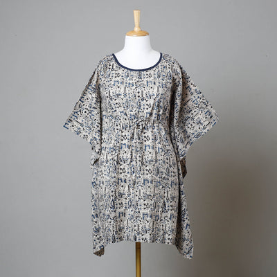 Beige - Block Print Cotton Kalamkari Kaftan with Tie-Up Waist (Medium)