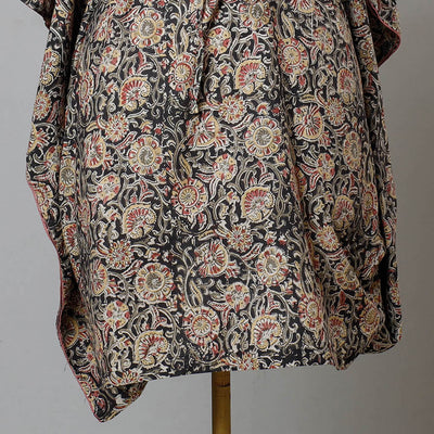 Black - Block Print Cotton Kalamkari Kaftan with Tie-Up Waist (Medium)