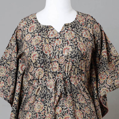 Black - Block Print Cotton Kalamkari Kaftan with Tie-Up Waist (Medium)