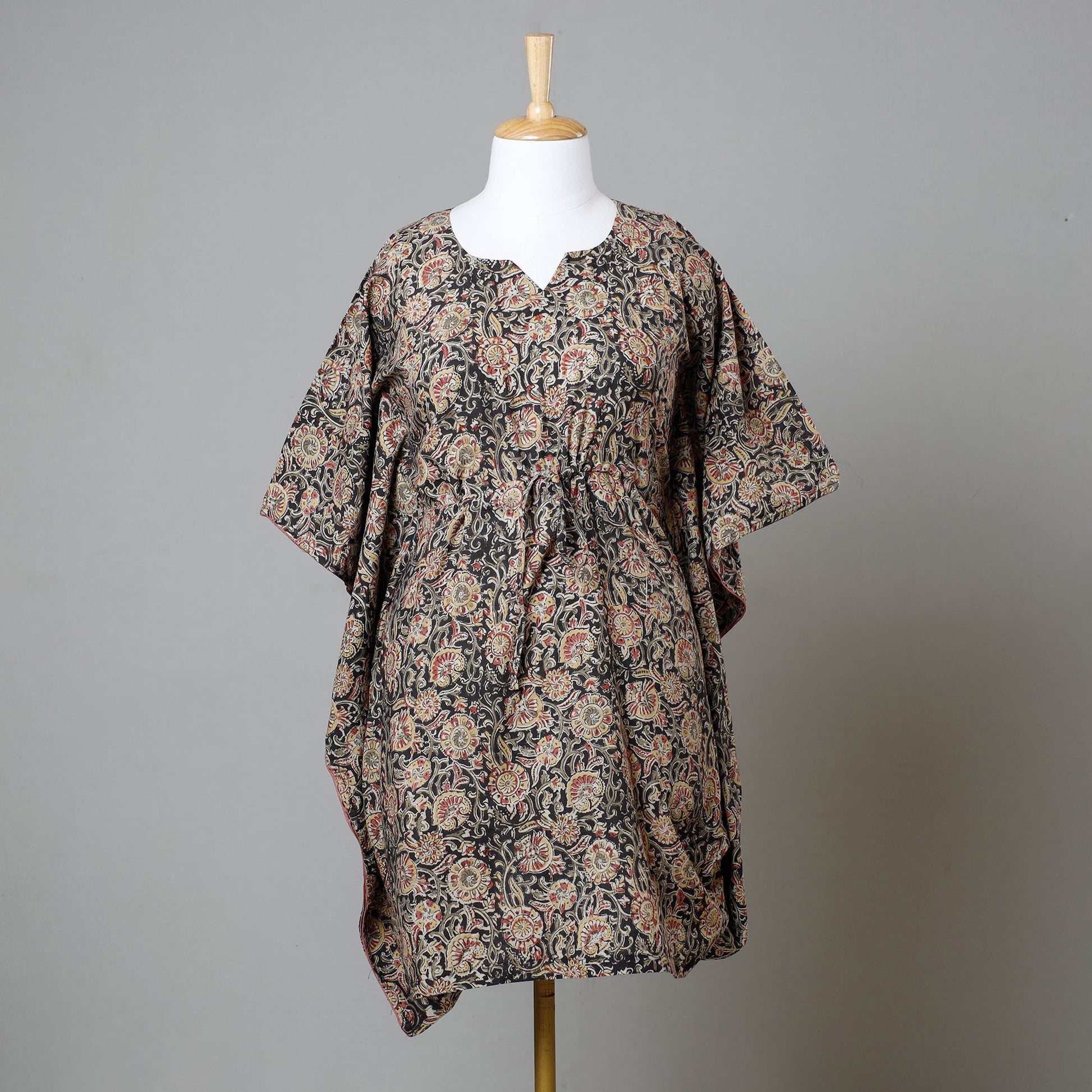 Black - Block Print Cotton Kalamkari Kaftan with Tie-Up Waist (Medium)