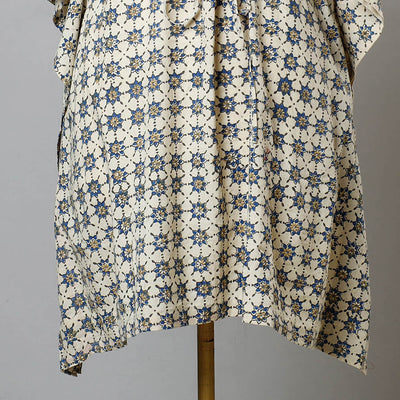Beige - Ajrakh Block Printed Cotton Kaftan with Tie-Up Waist (Medium)