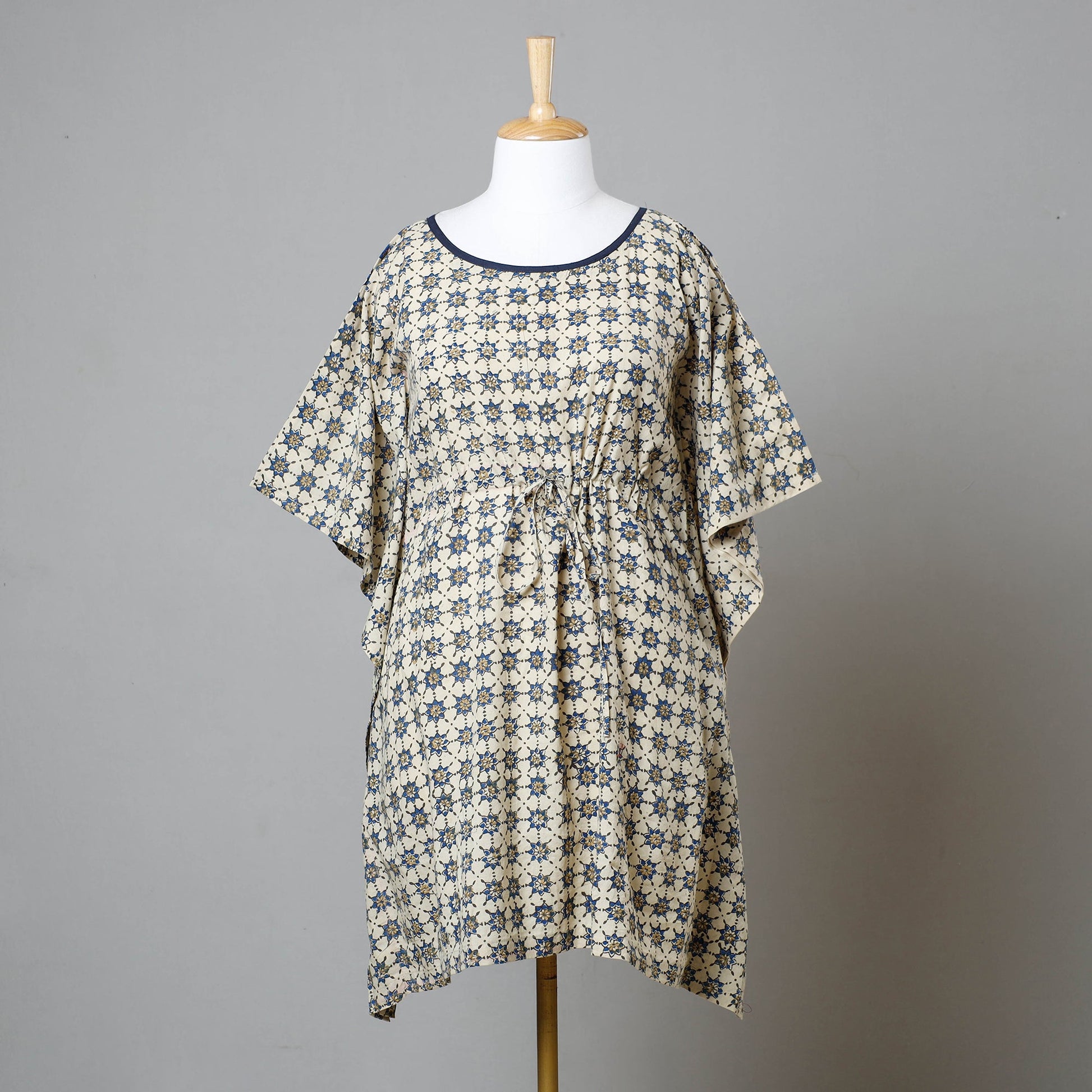 Beige - Ajrakh Block Printed Cotton Kaftan with Tie-Up Waist (Medium)