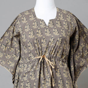 Brown - Ajrakh Block Printed Cotton Kaftan with Tie-Up Waist (Medium)