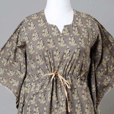 Brown - Ajrakh Block Printed Cotton Kaftan with Tie-Up Waist (Medium)