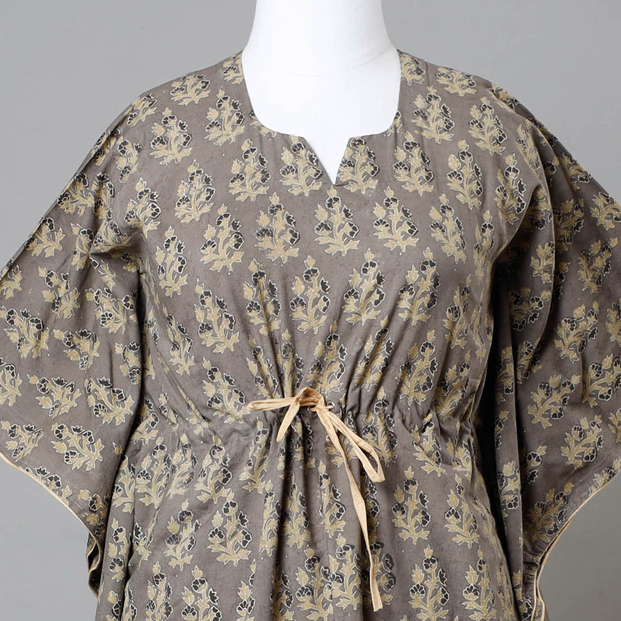 Brown - Ajrakh Block Printed Cotton Kaftan with Tie-Up Waist (Medium)