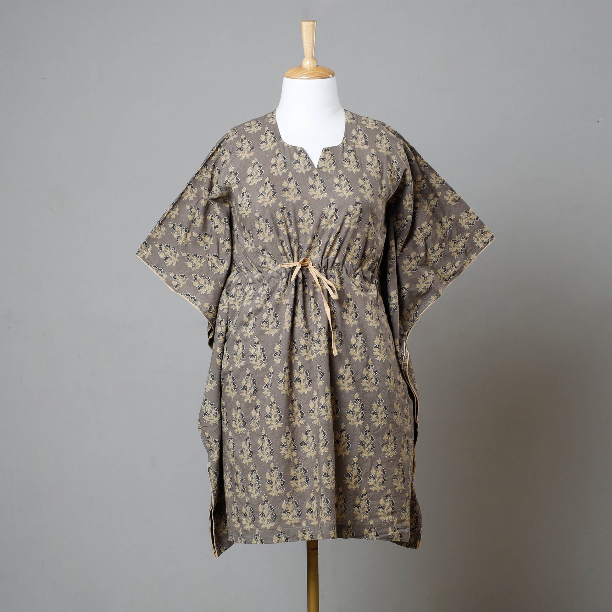 Brown - Ajrakh Block Printed Cotton Kaftan with Tie-Up Waist (Medium)