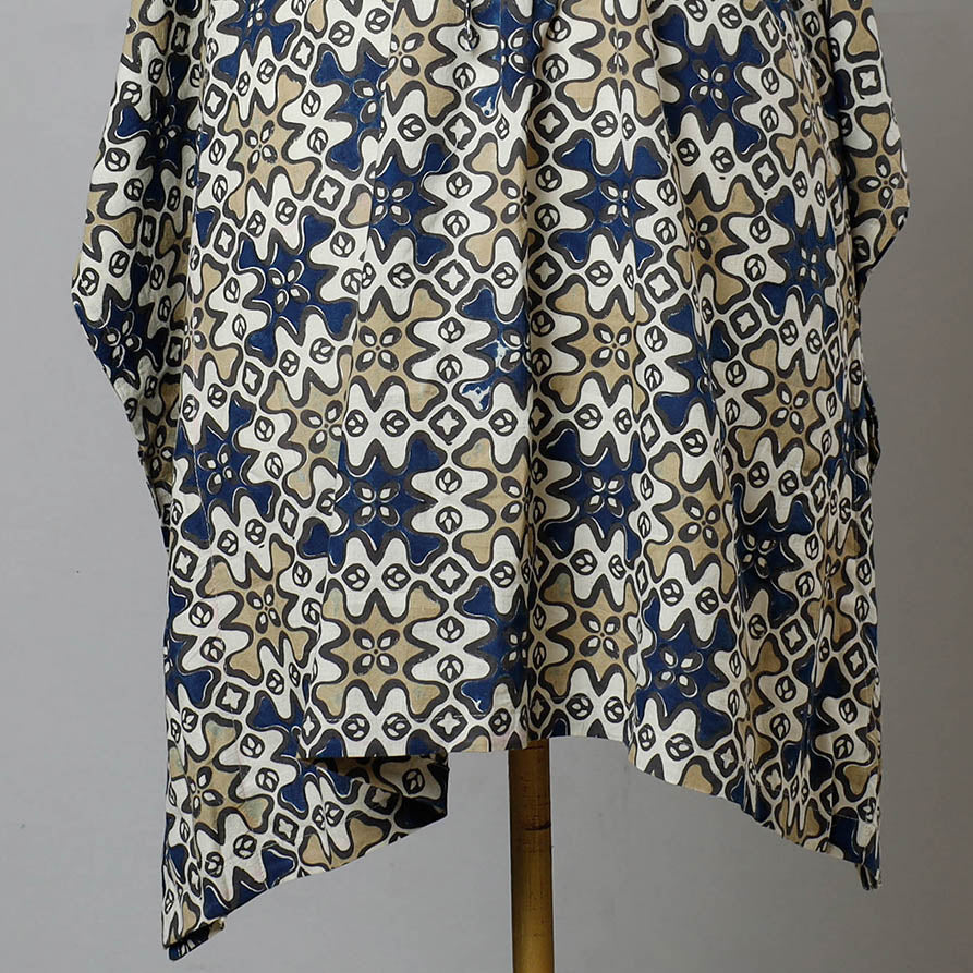 Beige - Ajrakh Block Printed Cotton Kaftan with Tie-Up Waist (Medium)