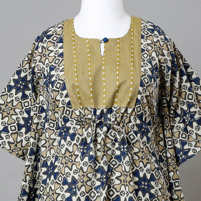 Beige - Ajrakh Block Printed Cotton Kaftan with Tie-Up Waist (Medium)