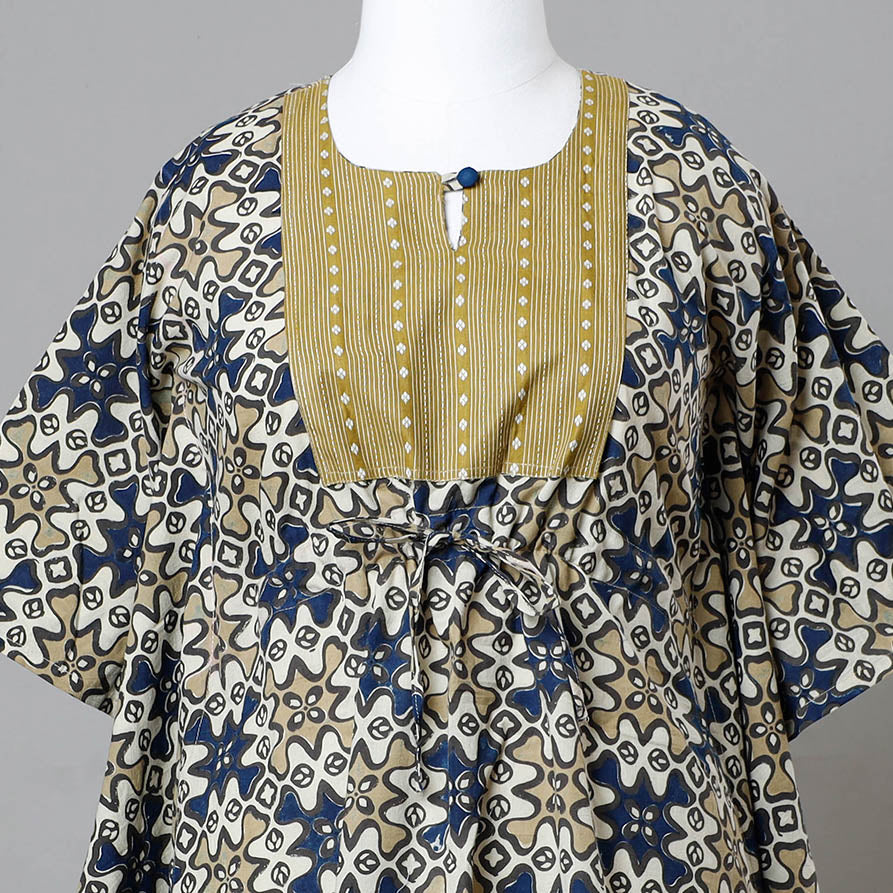Beige - Ajrakh Block Printed Cotton Kaftan with Tie-Up Waist (Medium)