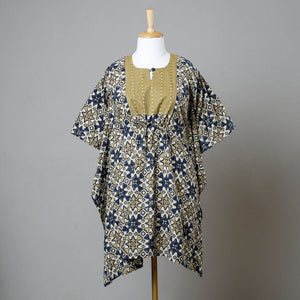 Beige - Ajrakh Block Printed Cotton Kaftan with Tie-Up Waist (Medium)