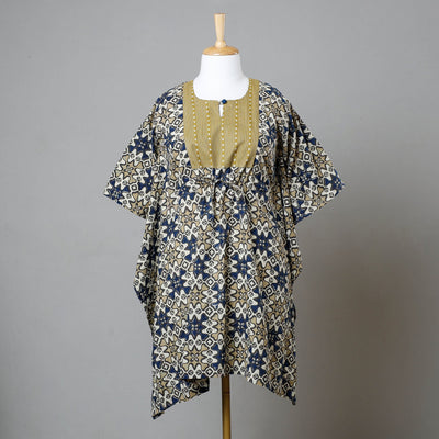 Beige - Ajrakh Block Printed Cotton Kaftan with Tie-Up Waist (Medium)