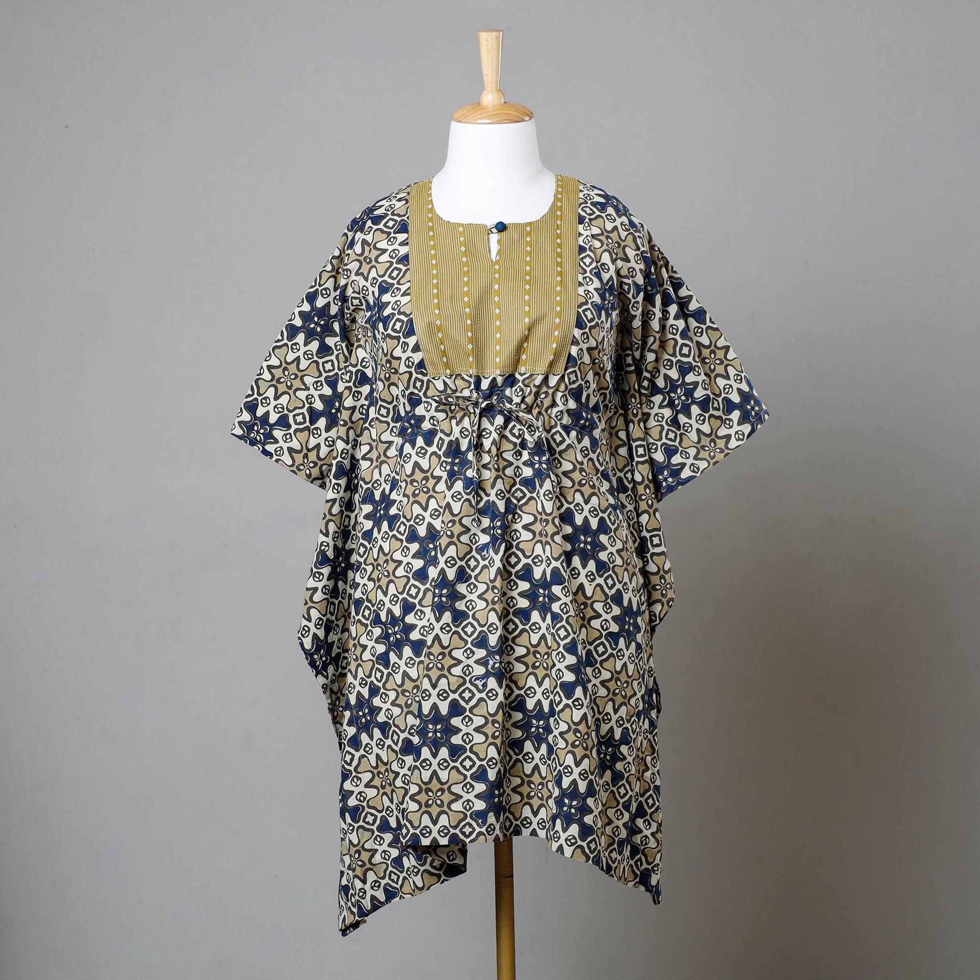 Beige - Ajrakh Block Printed Cotton Kaftan with Tie-Up Waist (Medium)