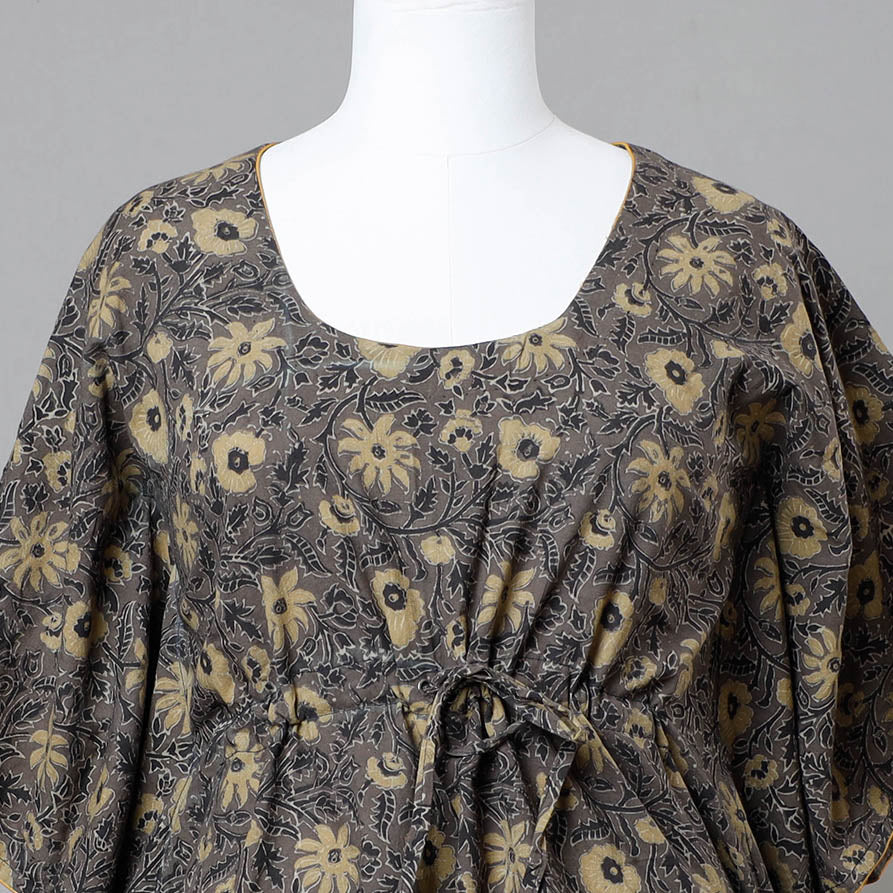 Brown - Ajrakh Block Printed Cotton Kaftan with Tie-Up Waist (Short)