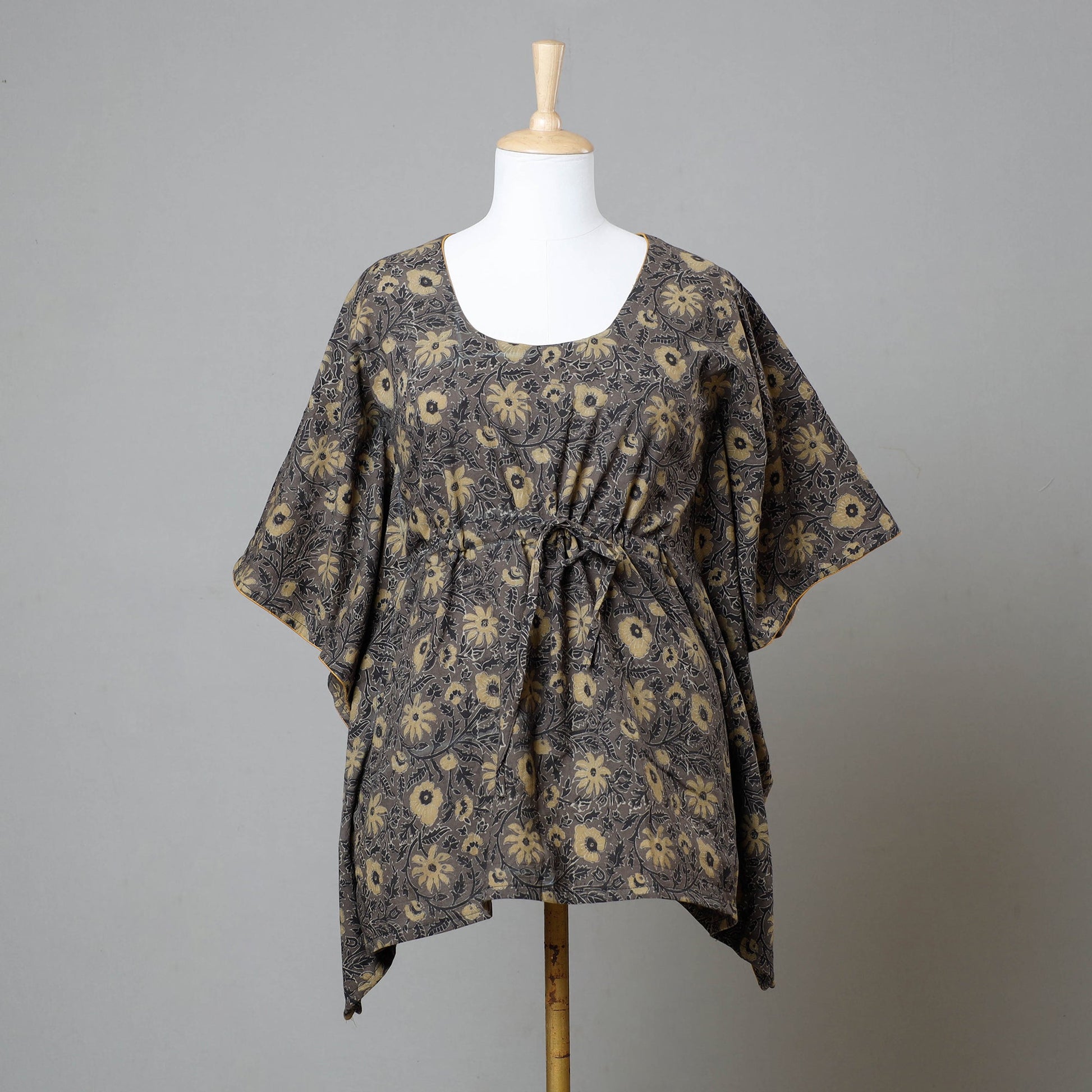 Brown - Ajrakh Block Printed Cotton Kaftan with Tie-Up Waist (Short)