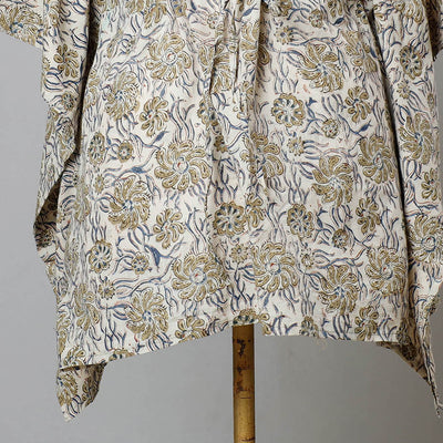 Beige - Block Print Cotton Kalamkari Kaftan with Tie-Up Waist (Short)