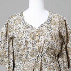 Beige - Block Print Cotton Kalamkari Kaftan with Tie-Up Waist (Short)