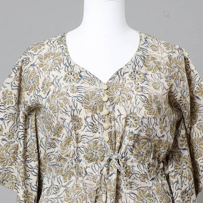 Beige - Block Print Cotton Kalamkari Kaftan with Tie-Up Waist (Short)