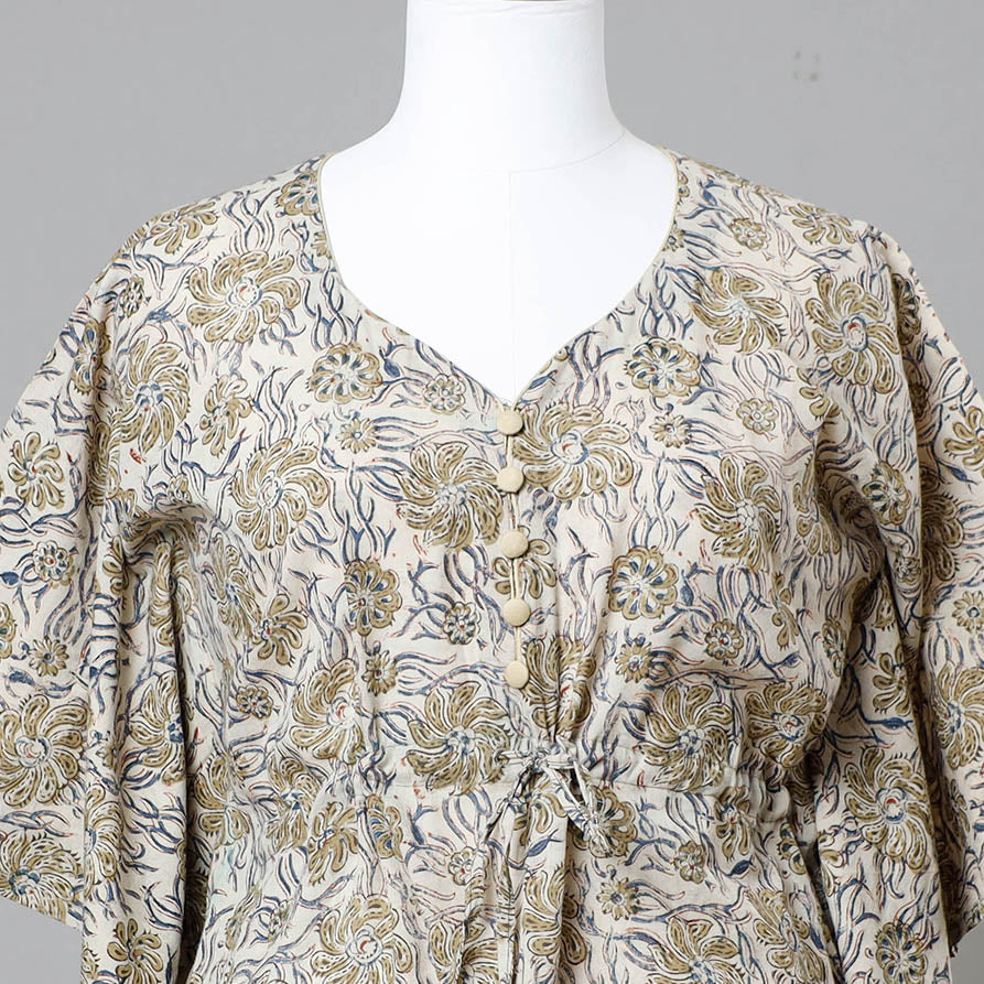 Beige - Block Print Cotton Kalamkari Kaftan with Tie-Up Waist (Short)