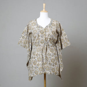 Beige - Block Print Cotton Kalamkari Kaftan with Tie-Up Waist (Short)