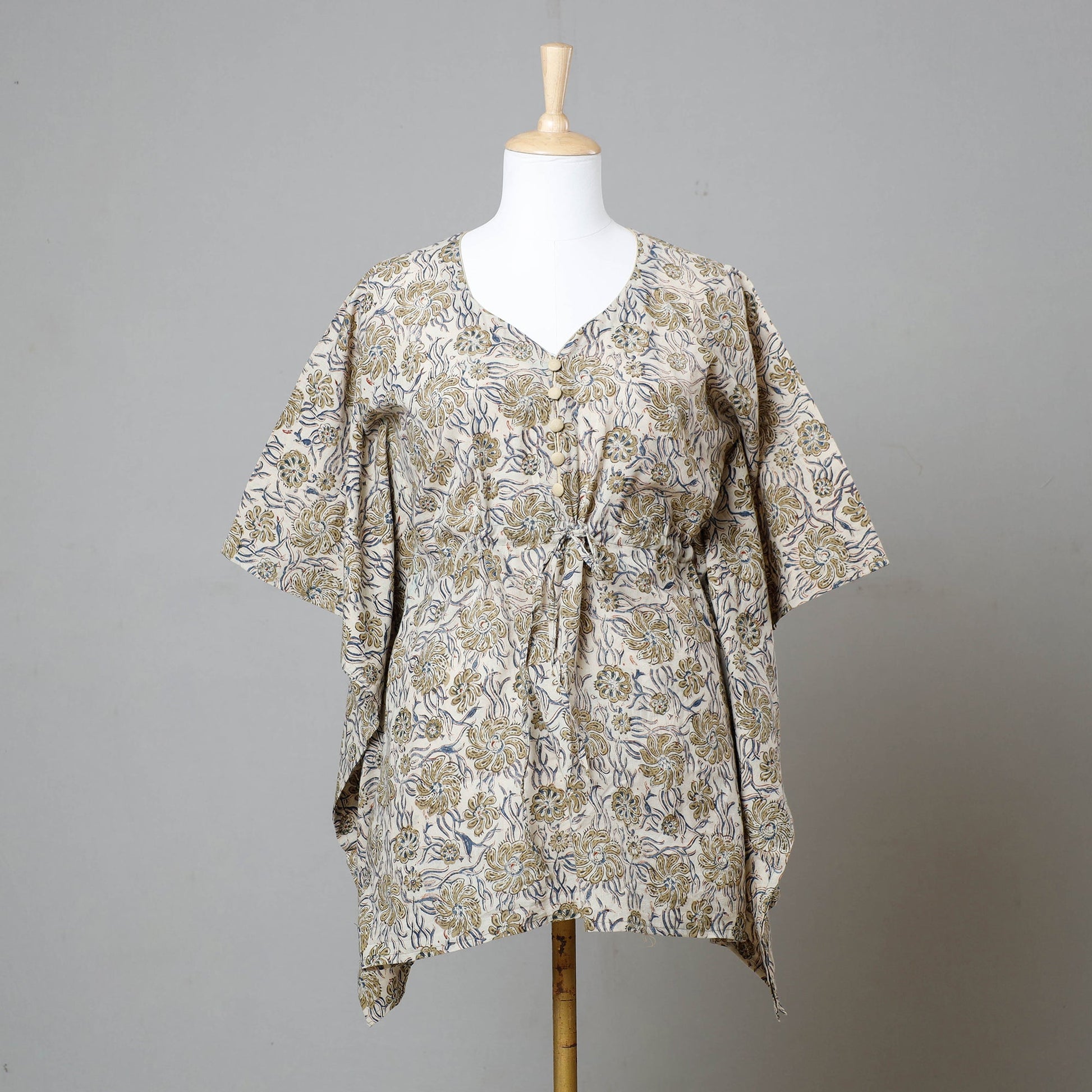 Beige - Block Print Cotton Kalamkari Kaftan with Tie-Up Waist (Short)
