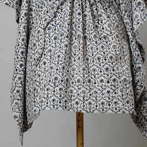 Beige - Block Print Cotton Kalamkari Kaftan with Tie-Up Waist (Short)