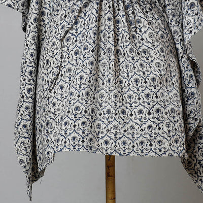 Beige - Block Print Cotton Kalamkari Kaftan with Tie-Up Waist (Short)
