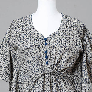 Beige - Block Print Cotton Kalamkari Kaftan with Tie-Up Waist (Short)