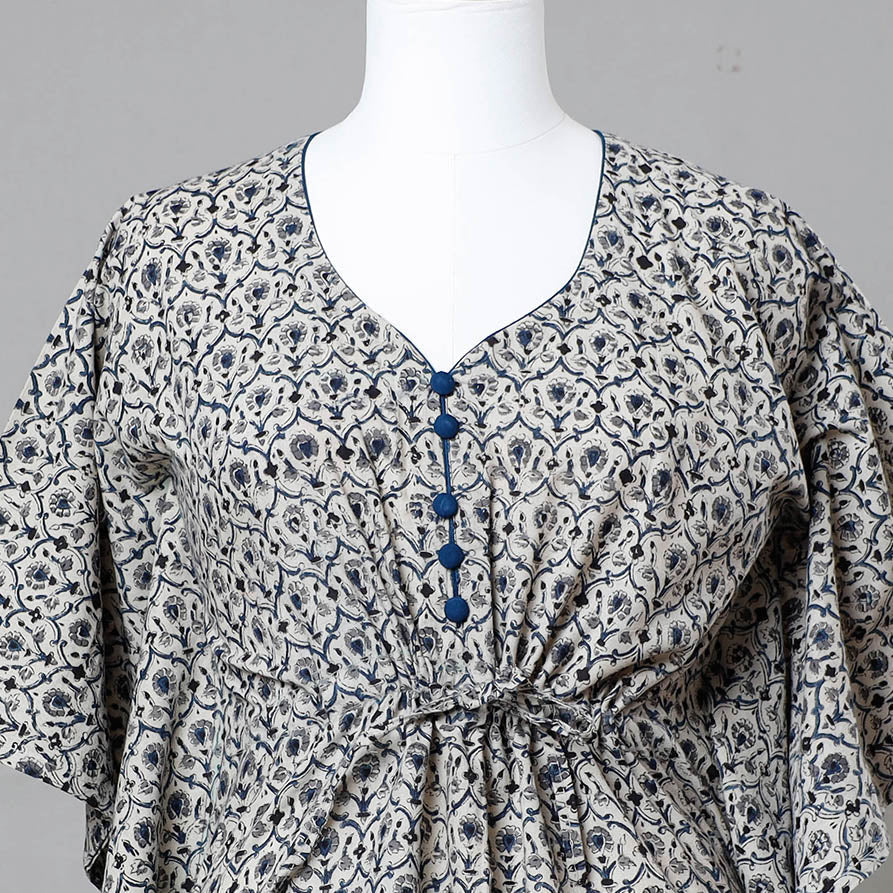 Beige - Block Print Cotton Kalamkari Kaftan with Tie-Up Waist (Short)