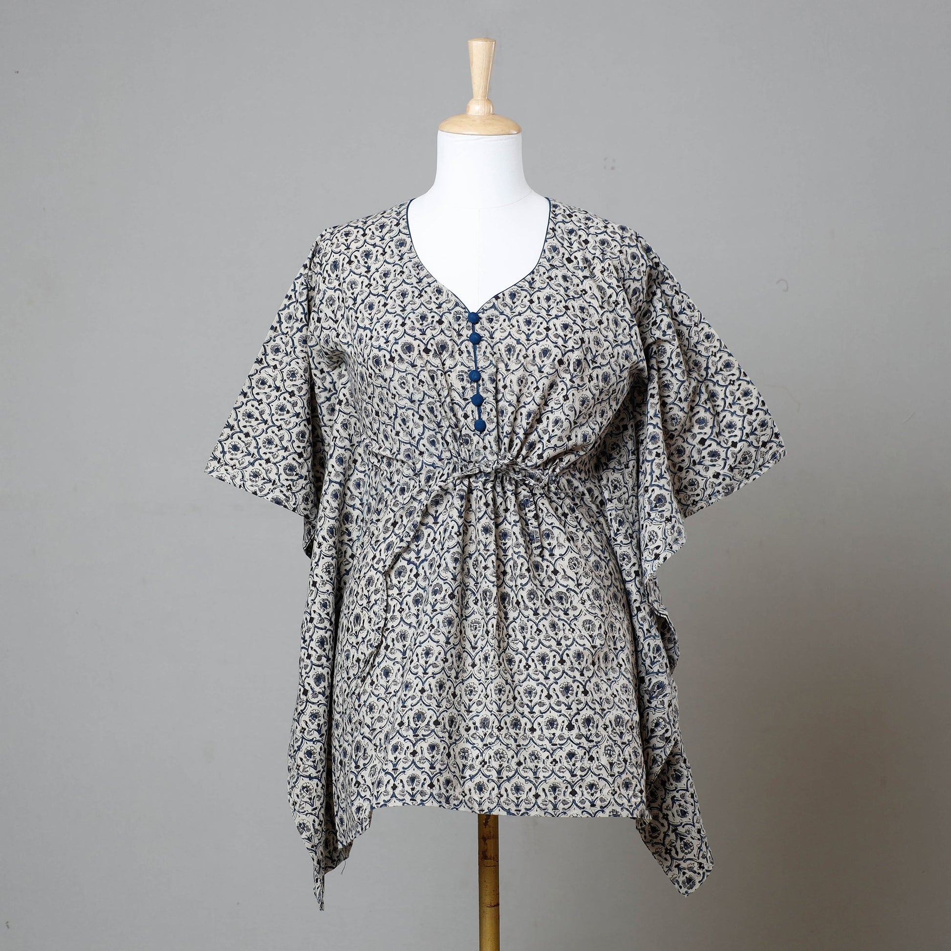 Beige - Block Print Cotton Kalamkari Kaftan with Tie-Up Waist (Short)