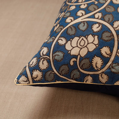 Blue - Block Print Cotton Kalamkari Cushion Cover (16 x 16 in)