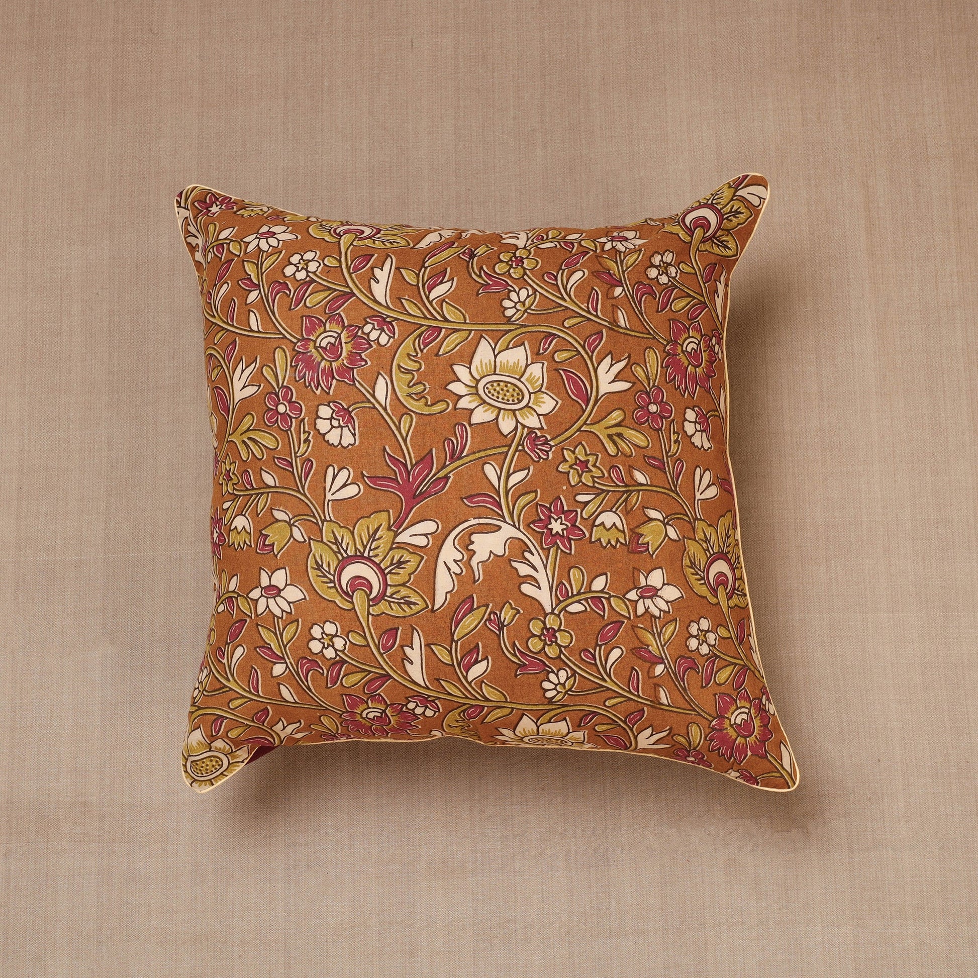Brown - Block Print Cotton Kalamkari Cushion Cover (16 x 16 in)