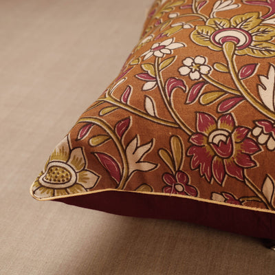 Brown - Block Print Cotton Kalamkari Cushion Cover (16 x 16 in)