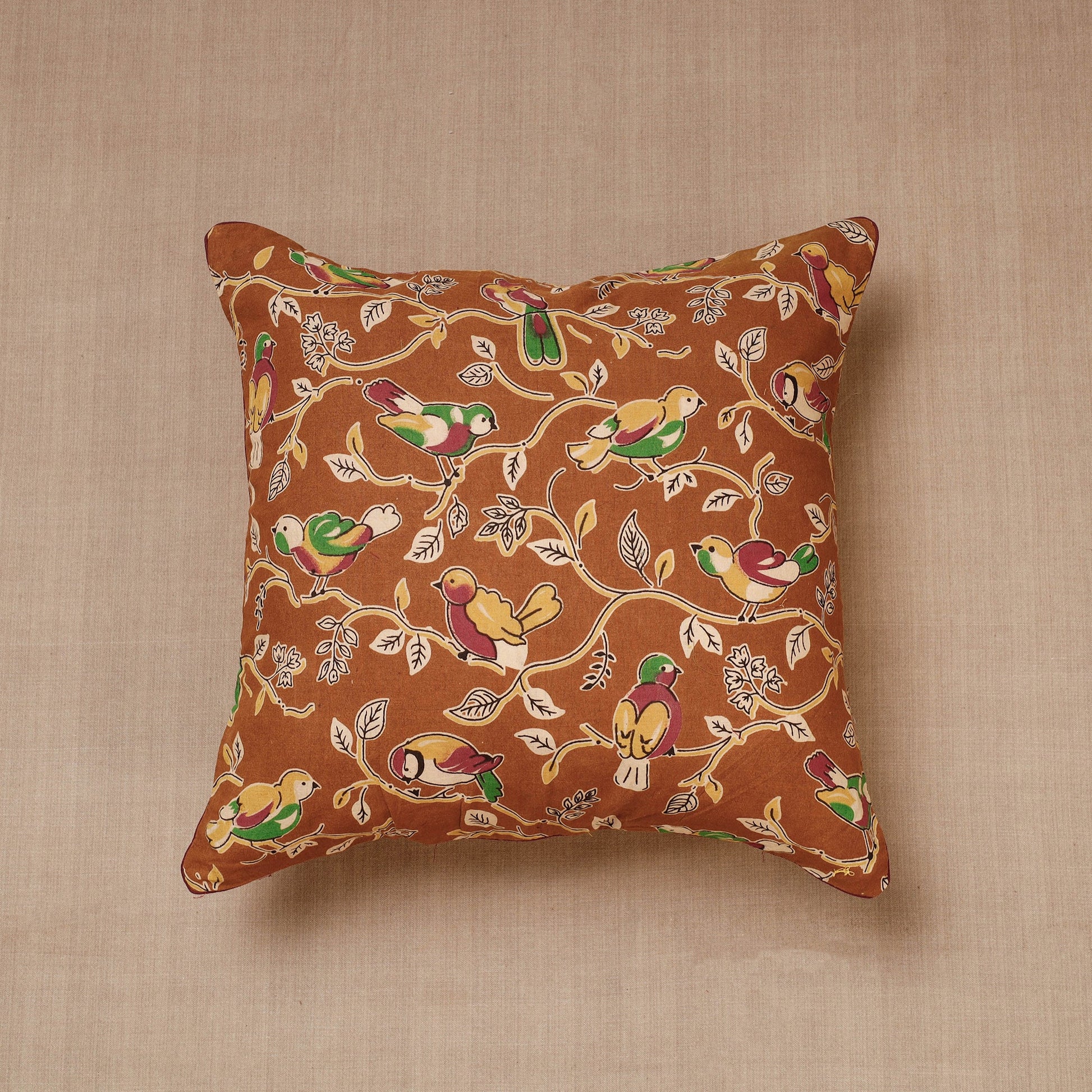 Brown - Block Print Cotton Kalamkari Cushion Cover (16 x 16 in)