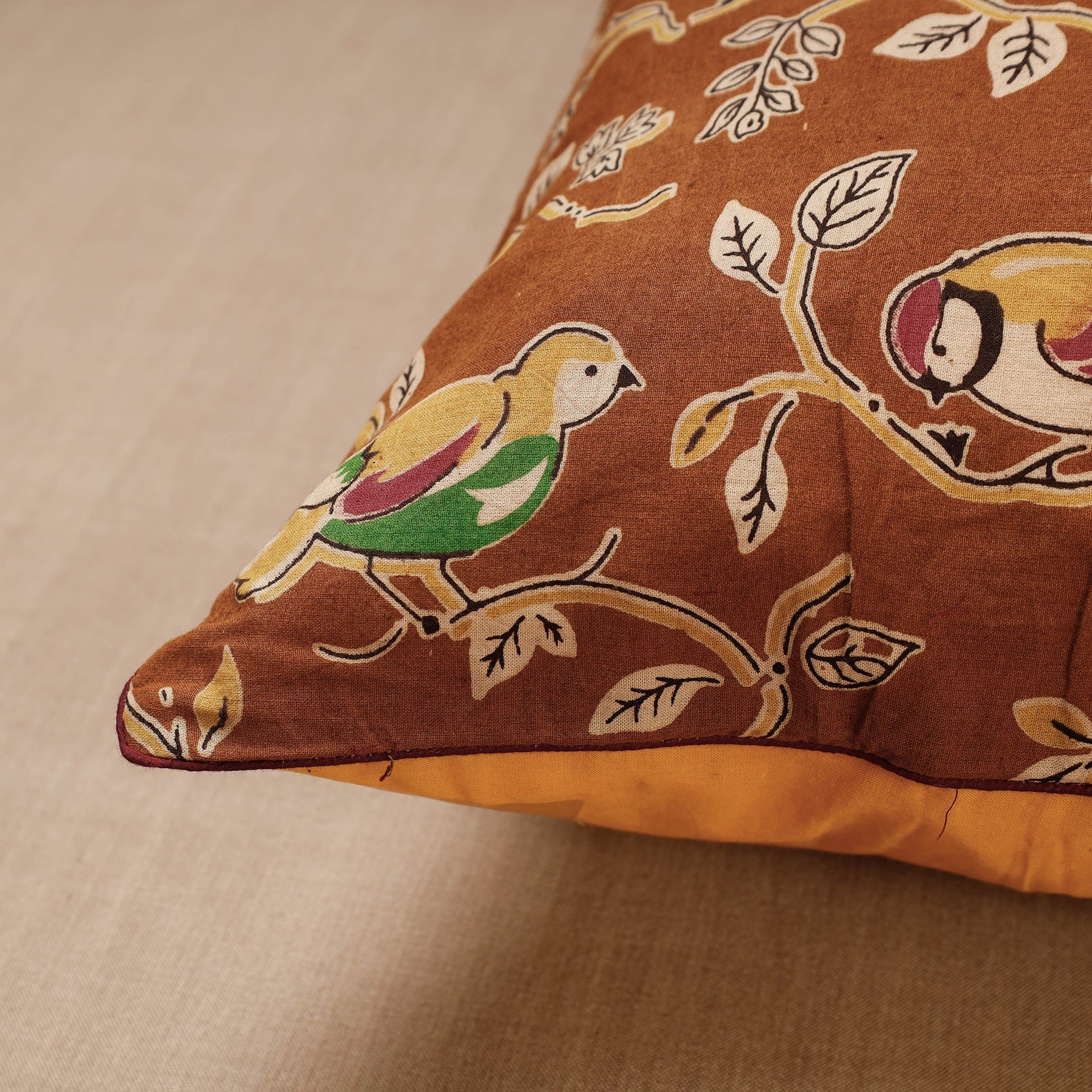 Brown - Block Print Cotton Kalamkari Cushion Cover (16 x 16 in)