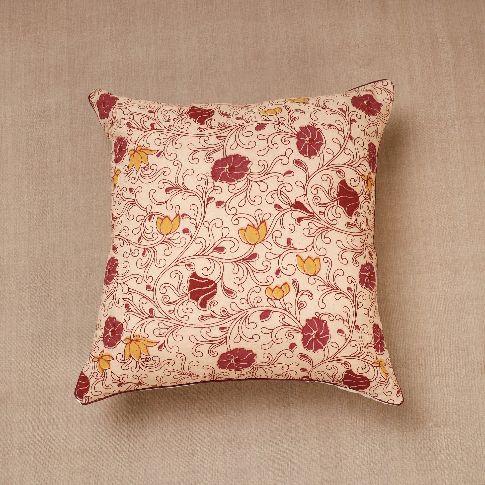 Beige - Block Print Cotton Kalamkari Cushion Cover (16 x 16 in)
