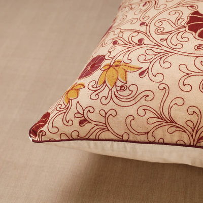 Beige - Block Print Cotton Kalamkari Cushion Cover (16 x 16 in)